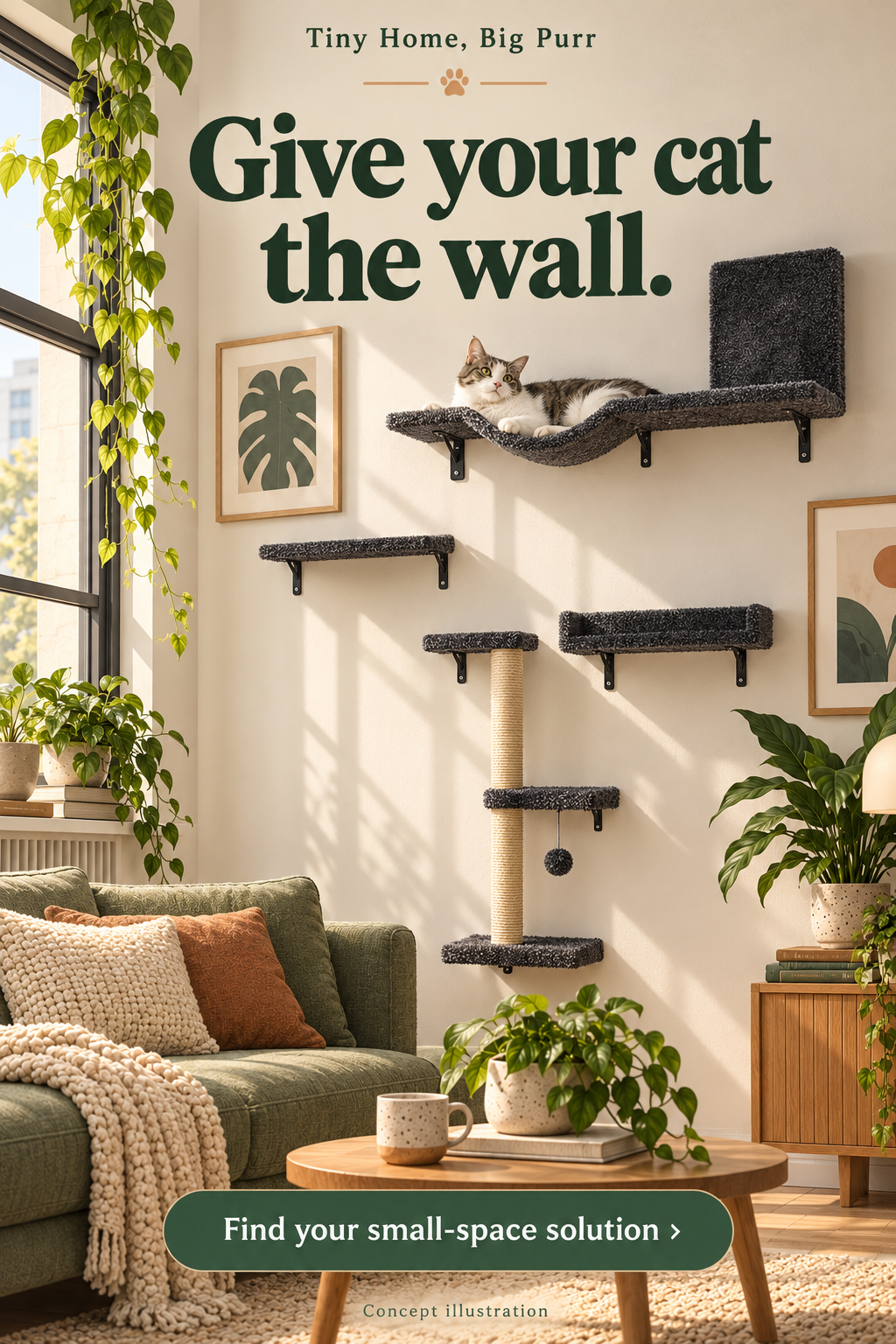 Concept illustration for FUKUMARU four-piece cat wall furniture set; not a product photograph