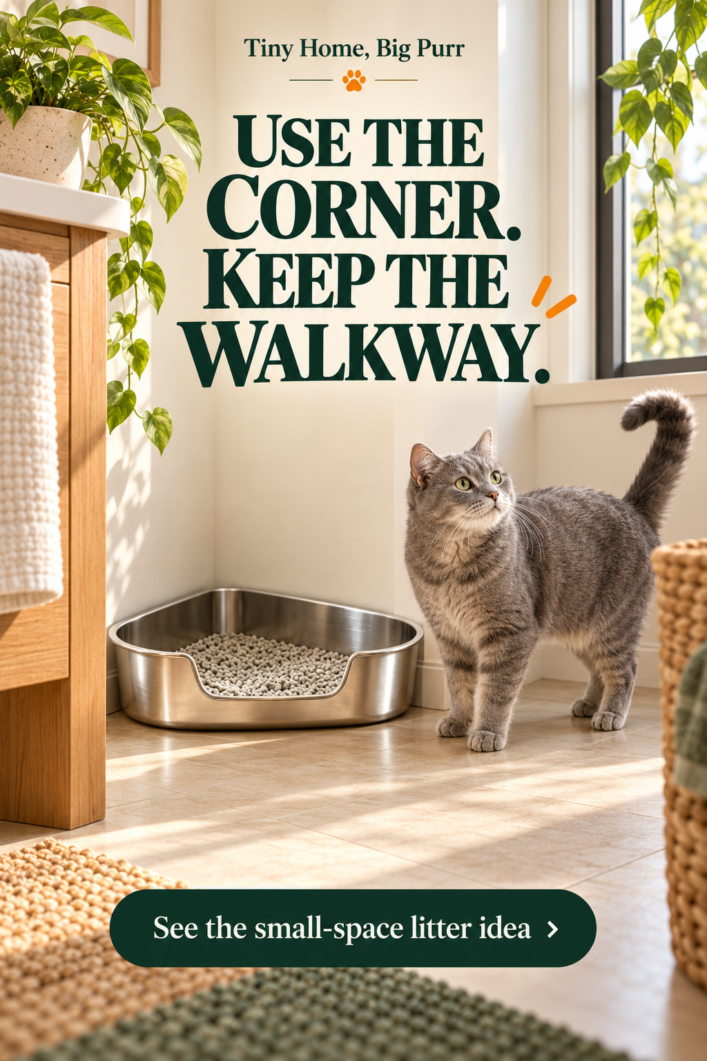 Concept illustration for Triangular stainless-steel corner litter box with low entry; not a product photograph