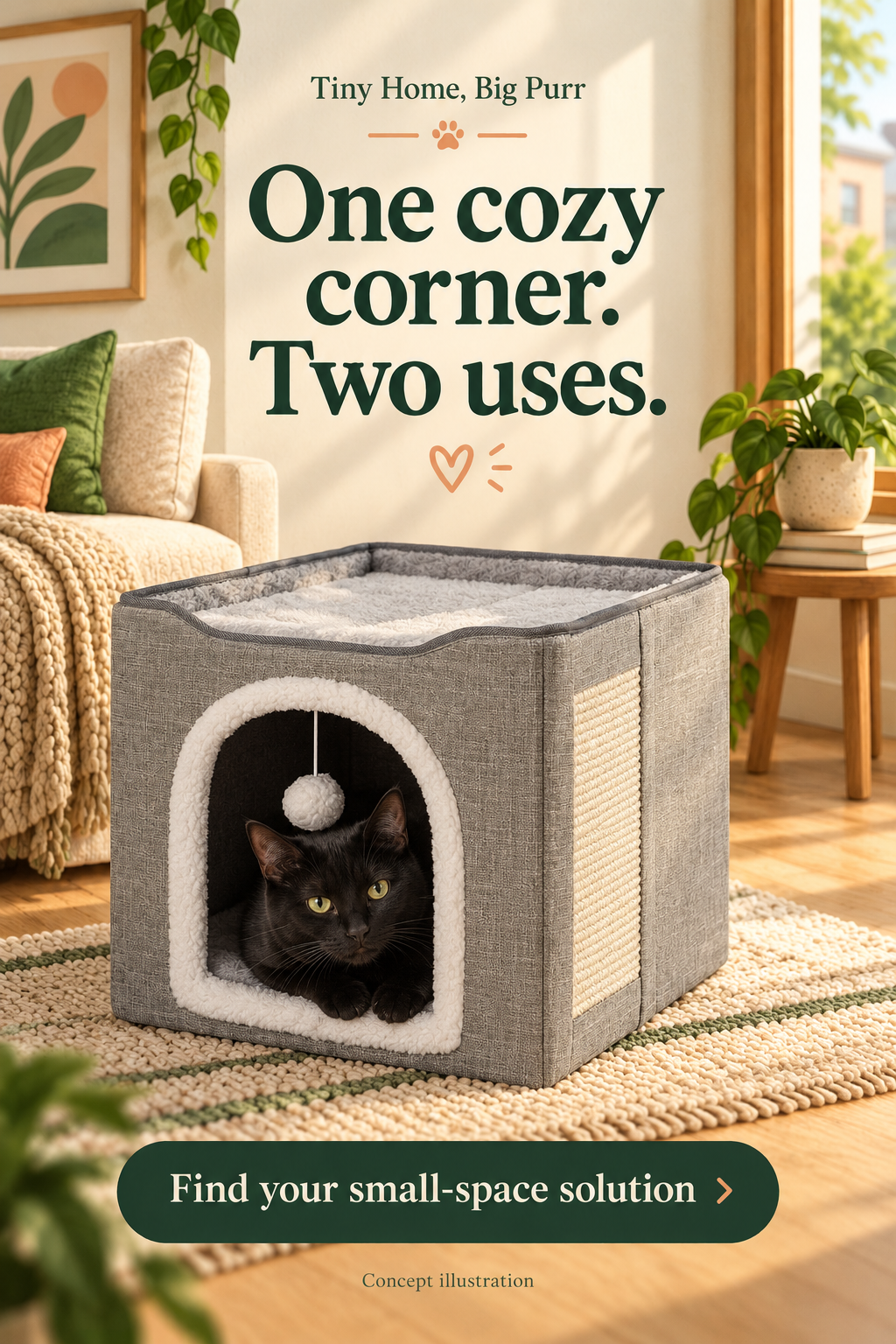 Concept illustration for Amazon Basics foldable one-story cat house; not a product photograph