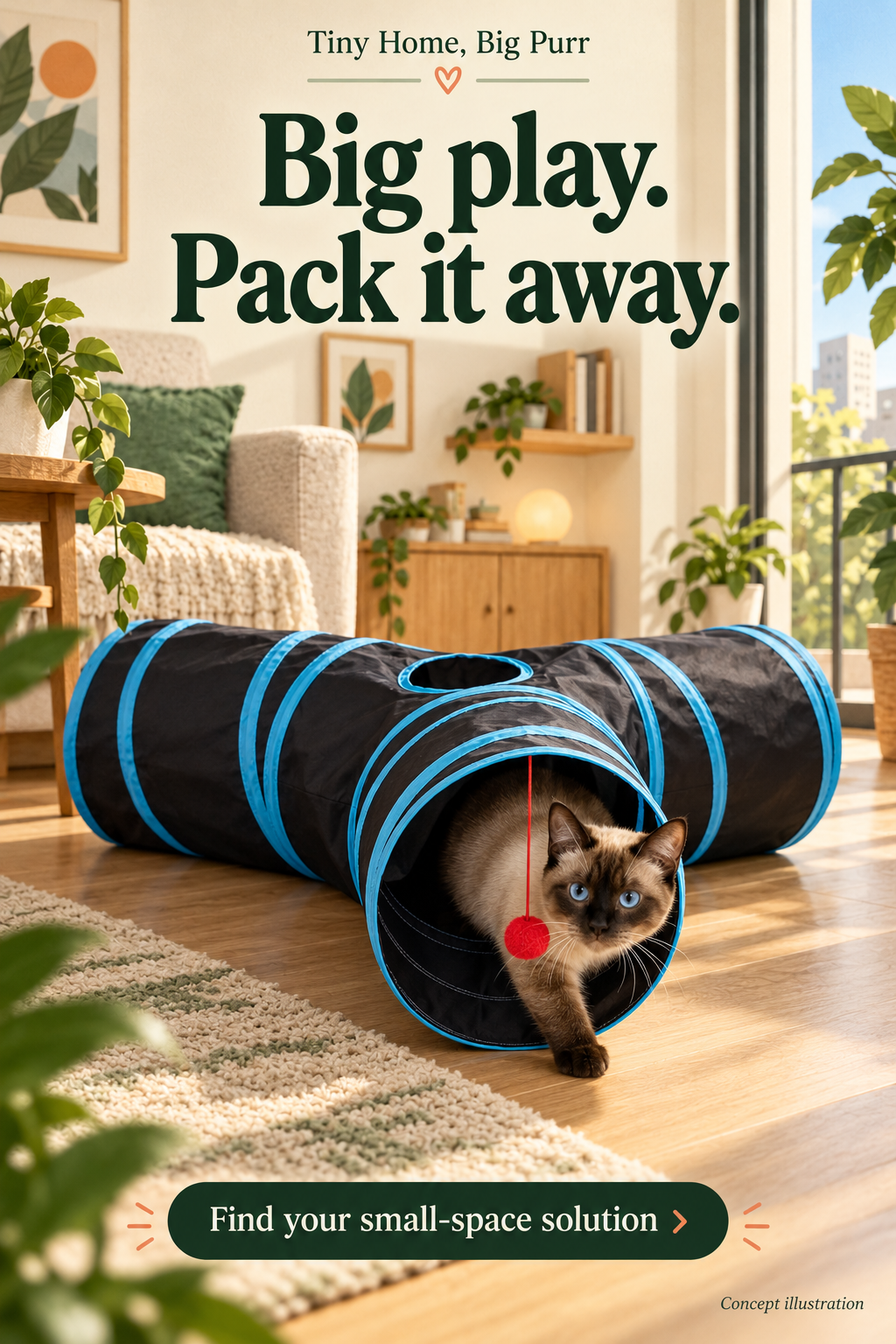 Concept illustration for Tempcore three-way collapsible cat tunnel; not a product photograph