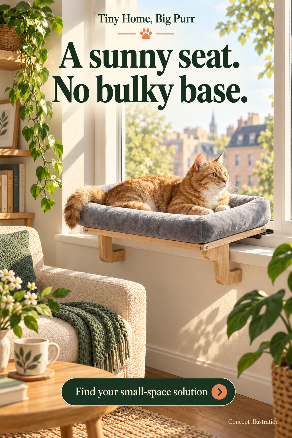 Concept illustration for Zakkart windowsill perch with bolsters; not a product photograph