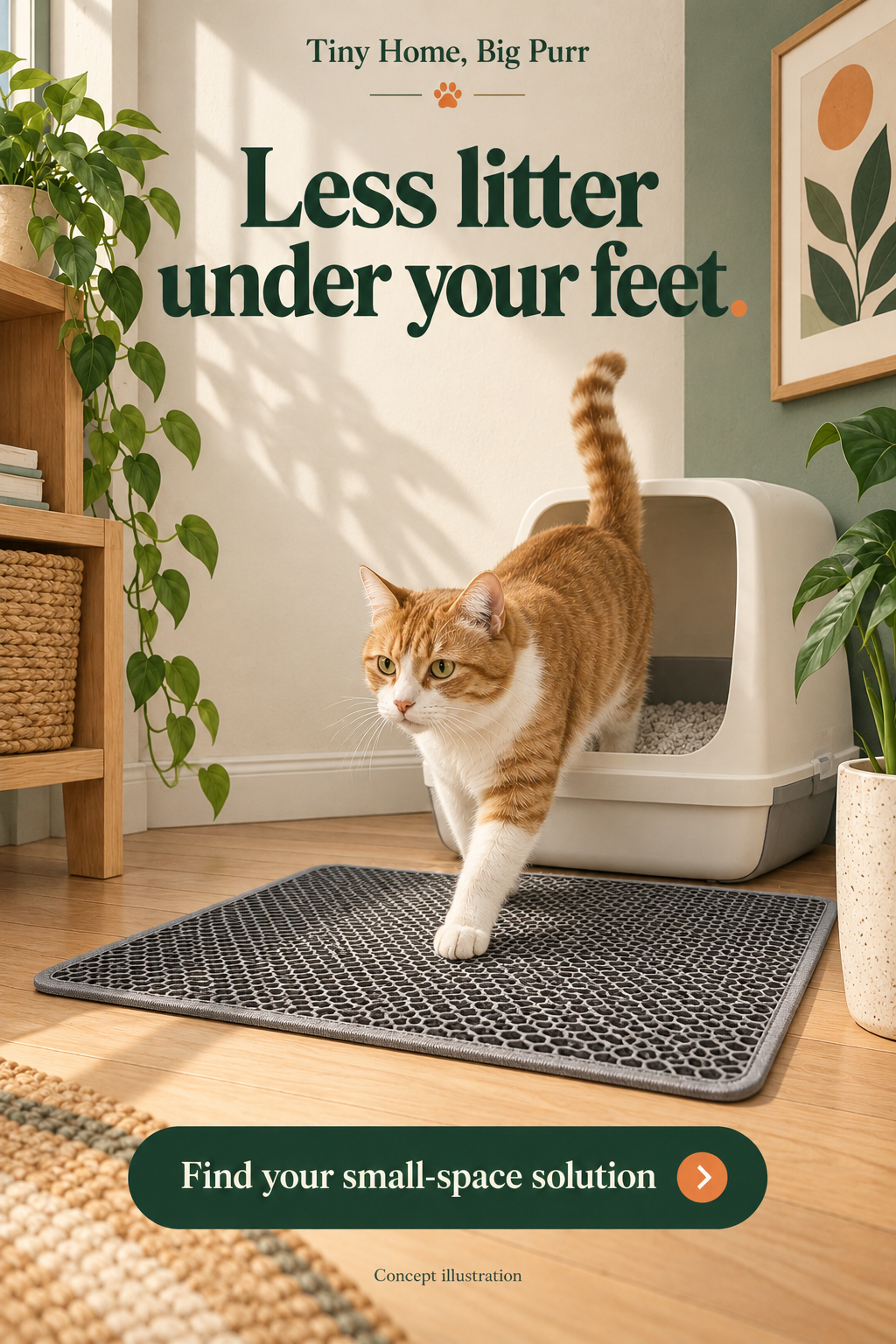 Concept illustration for Pieviev double-layer litter mat, 24 by 15 inches; not a product photograph