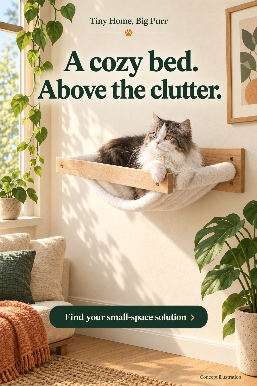 Concept illustration for FUKUMARU wall-mounted cat hammock; not a product photograph