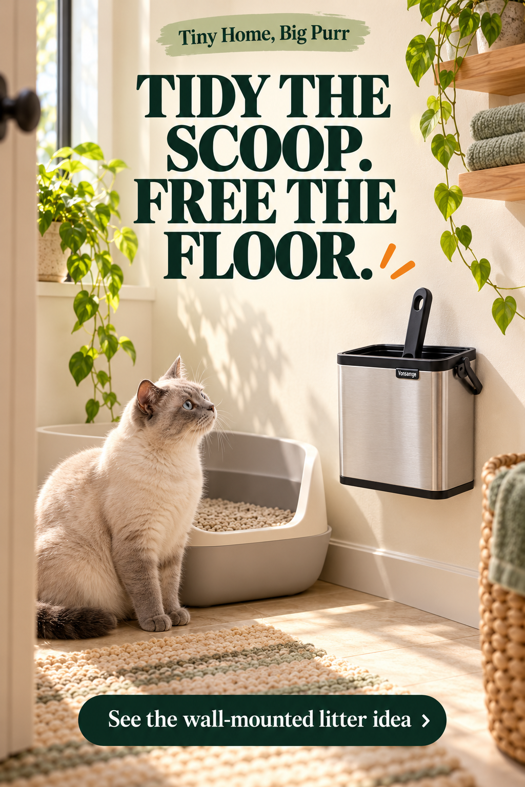 Concept illustration for Vonsamge universal stainless-steel cat litter scoop holder; not a product photograph