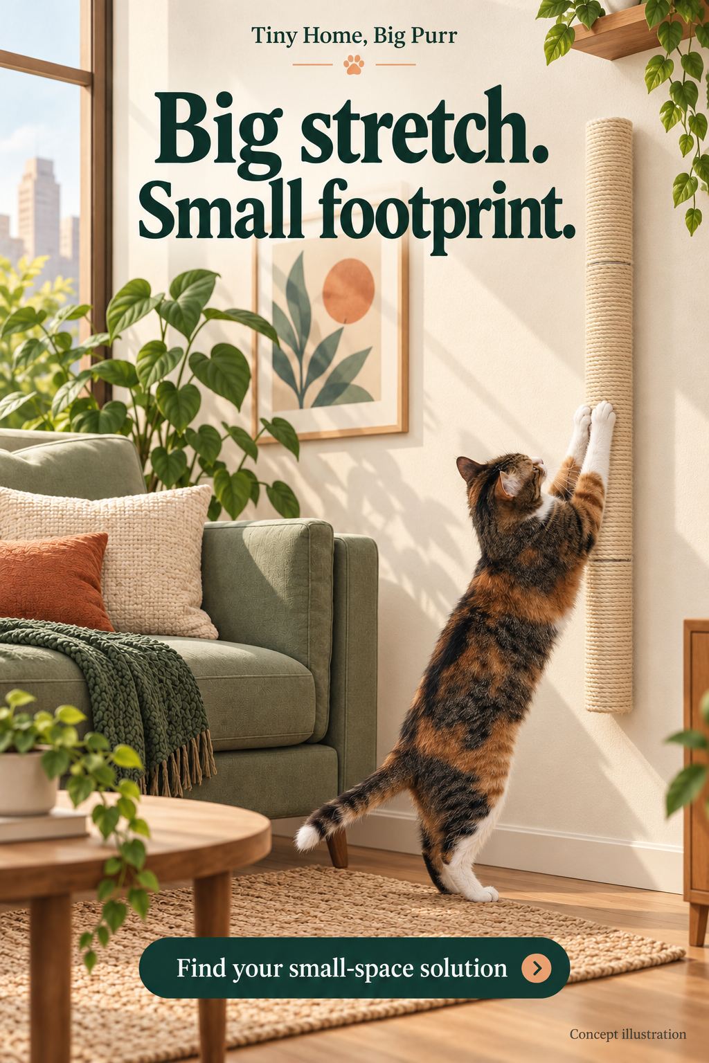 Concept illustration for xympo 34-inch wall-mounted scratching post; not a product photograph